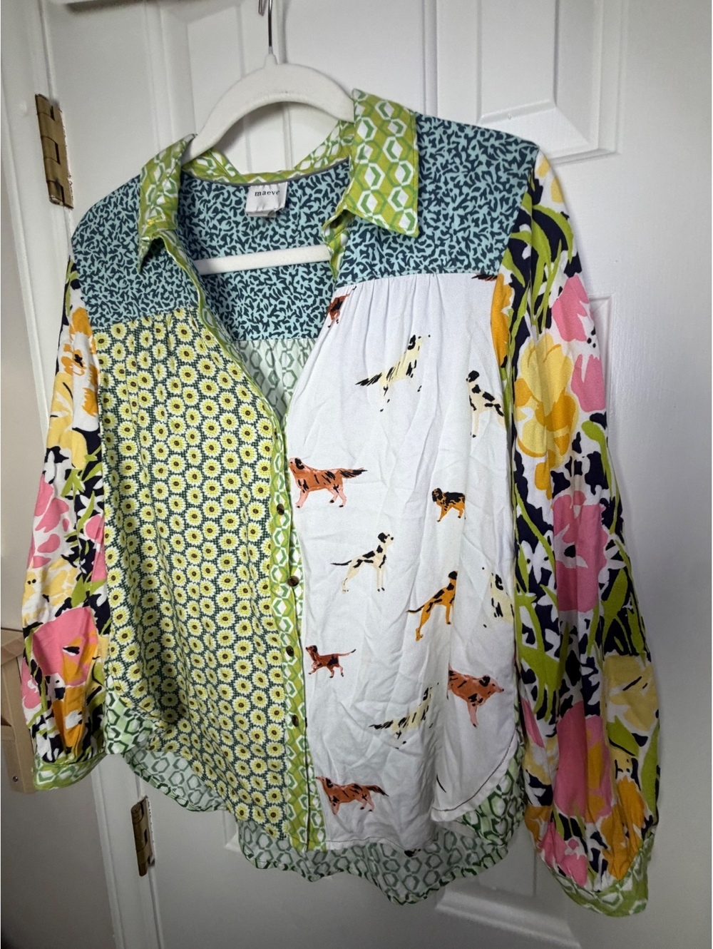 Maeve Paz Patchwork Print Button Down Blouse Green Floral Dog Small - Picture 3 of 7
